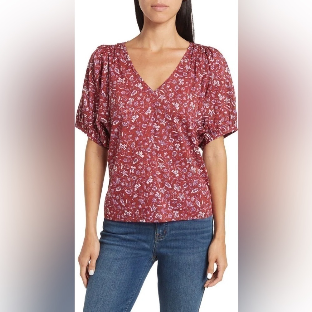 Madewell V-Neck Puff Sleeve Top in Batik Vine Weathered Brick Blouse Small